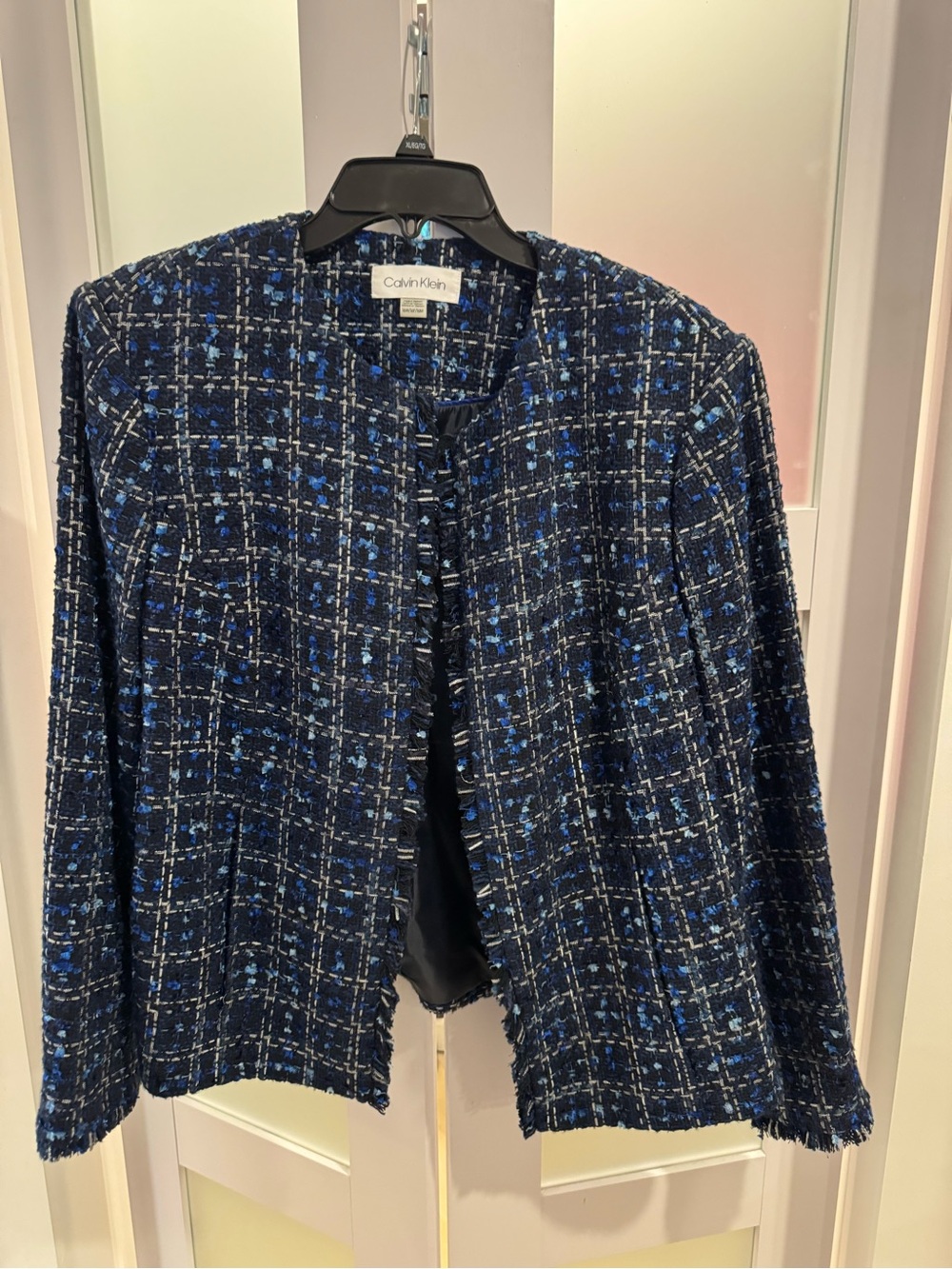 Calvin Klein Navy Black Tweed Fringe-Trim Jacket